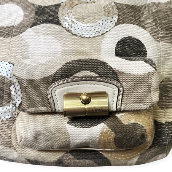 Coach Kristin Signature C Sequin Tan Ivory Khaki Canvas Hobo Tote Shoulder Bag - Picture 3 of 16